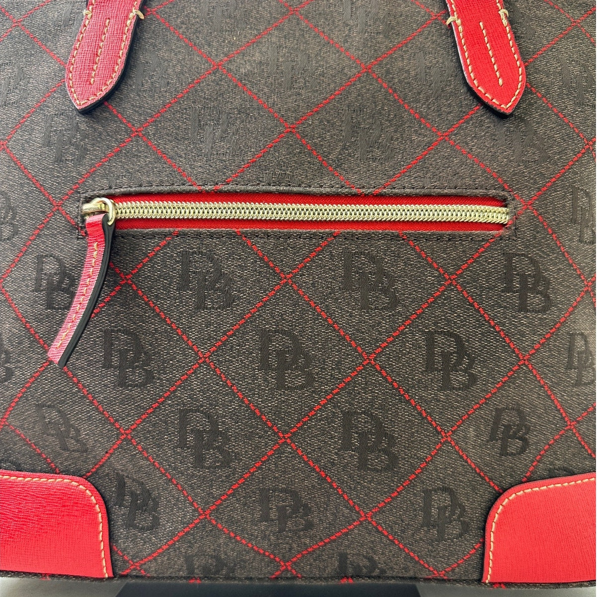 Dooney & Bourke Gretta Signature Brown / Red Monogram Coated Cotton Purse