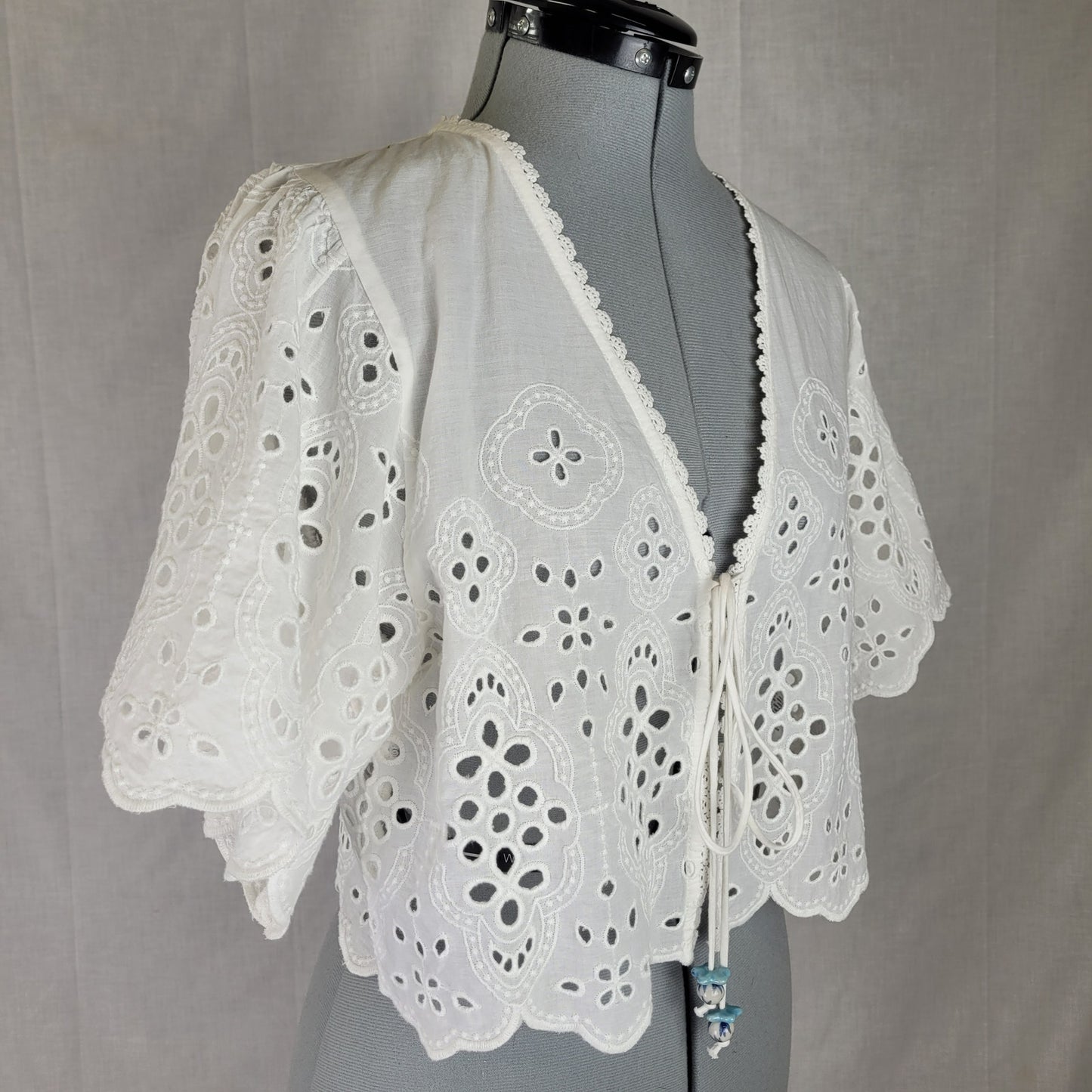 Anthropologie Maeve Tie-Front Eyelet Crop Blouse White Cotton OS