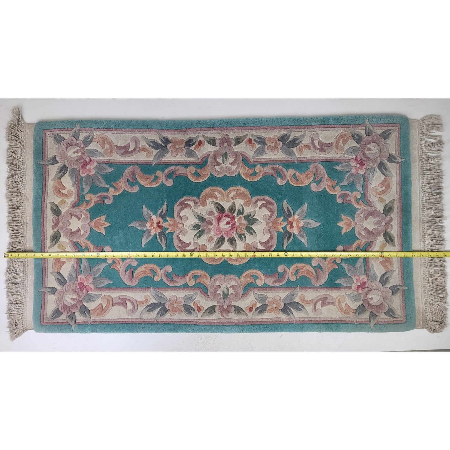 Vintage Aubusson-Style Wool Rug Green w Pink Floral Scrollwork 56" x 27"