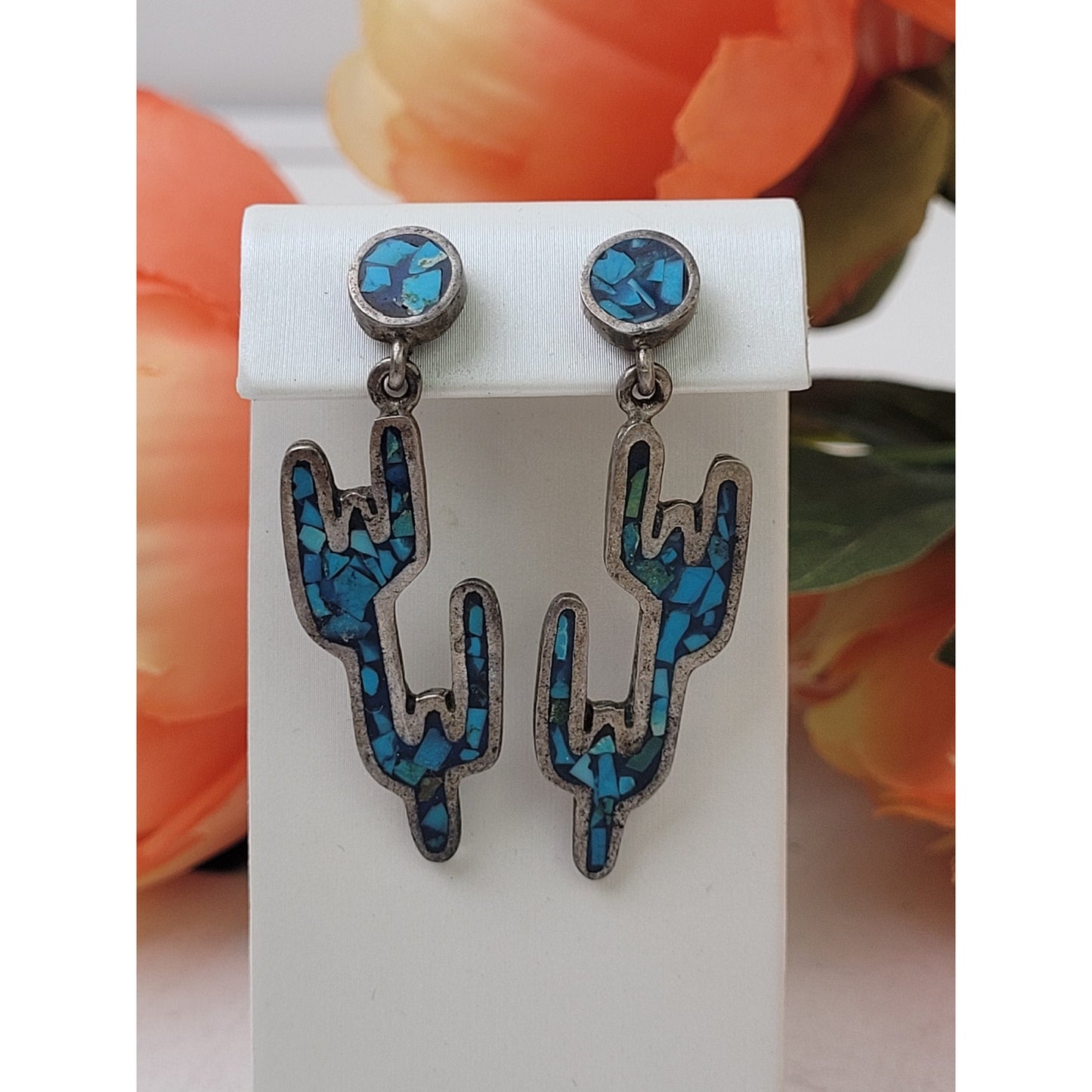 Vintage Saguaro Cactus Dangle Earrings w Turquoise Chip Inlay | Made in Mexico