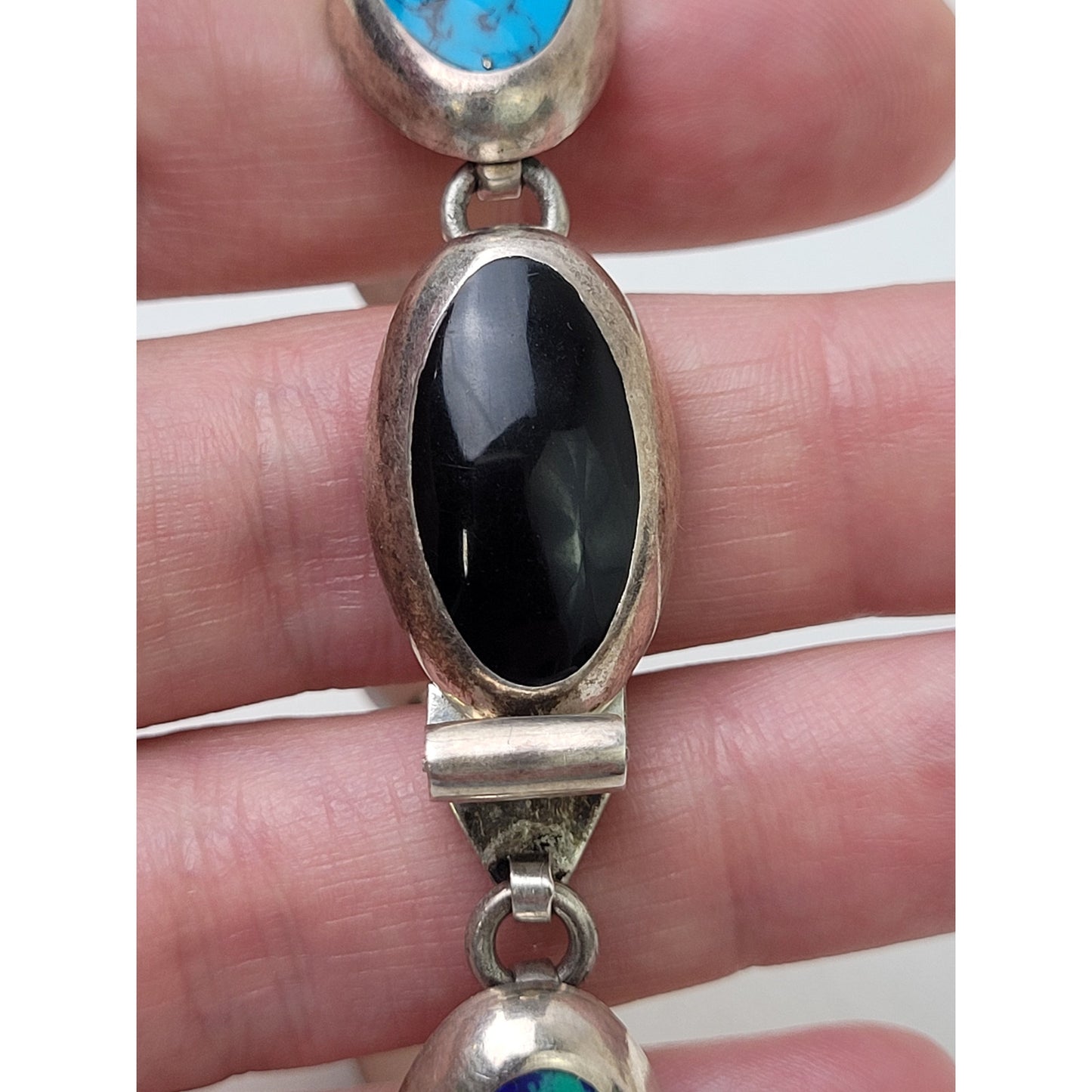 Vintage CII Mexican Sterling Silver Multi-Stone Inlay Bracelet & Earring Set