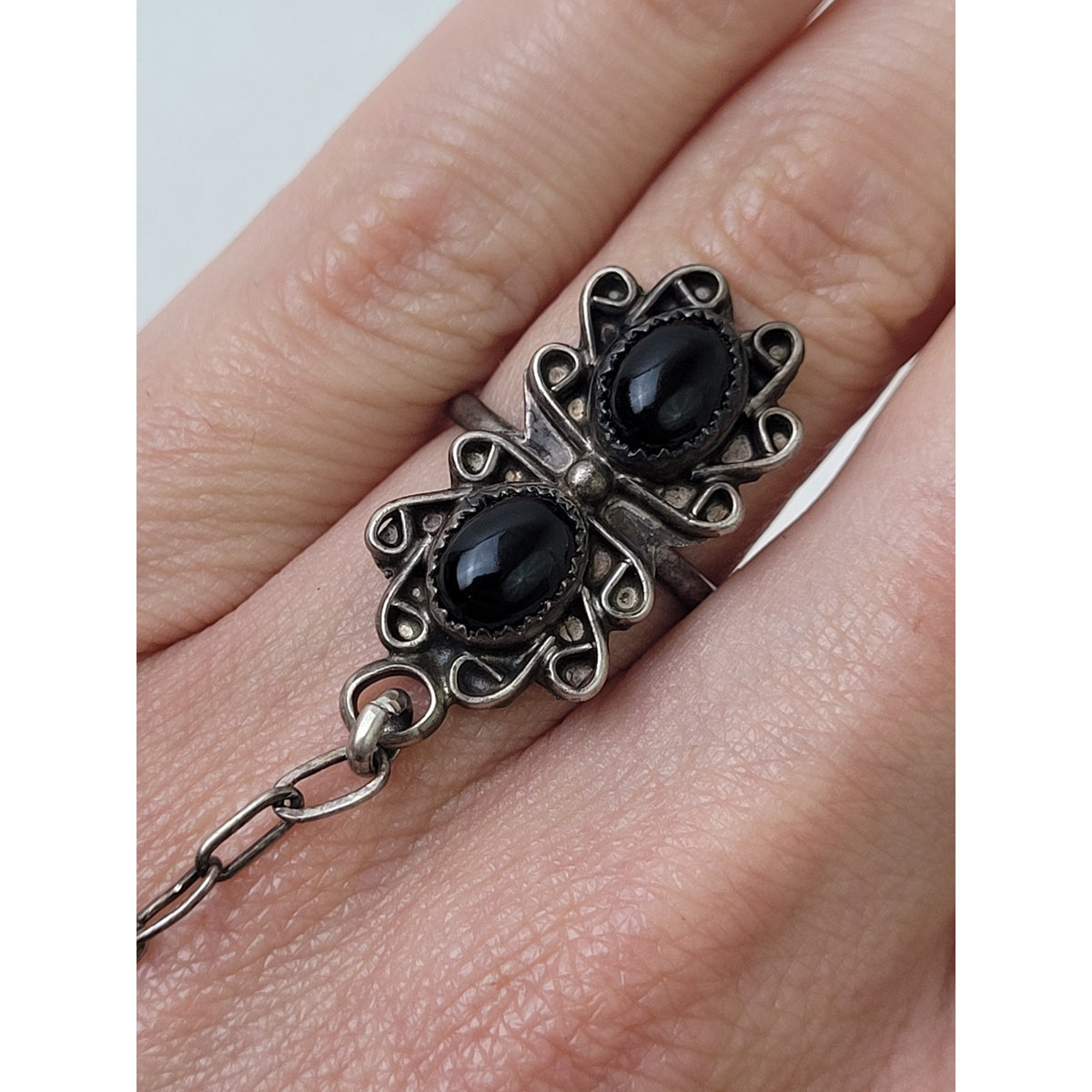Vintage Navajo Sterling Silver Bracelet Ring Chained Set w Onyx Stones
