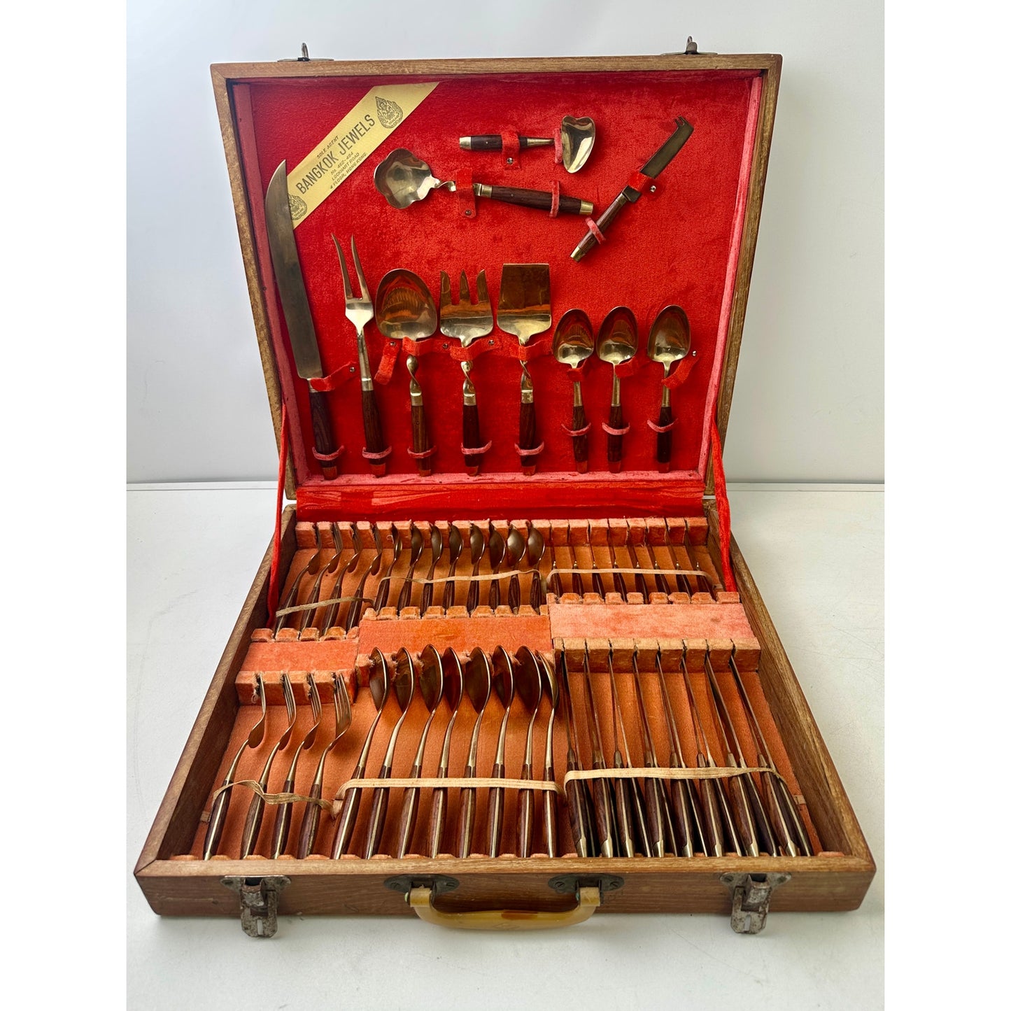Vintage Bangkok Jewels Thai Bronze & Rosewood 59 PC Flatware Set