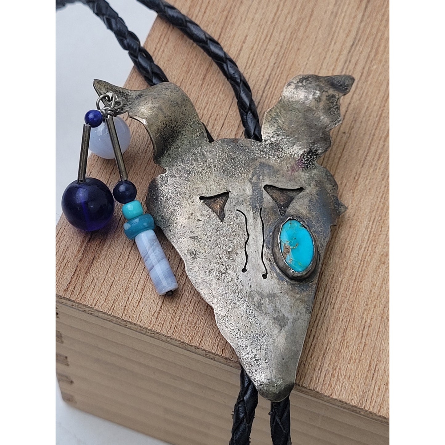 VTG Handmade Sterling Silver Bolo Tie Animal Head w Turquoise & Beaded Accents