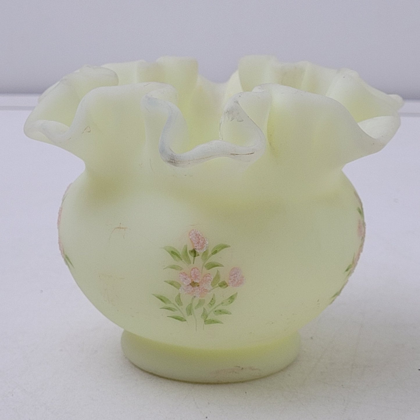 Vintage 1970s Fenton Custard Ruffle Vase Painted Pink Blossoms Signed