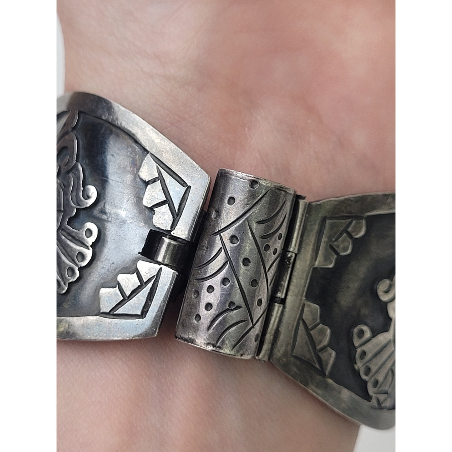 Vintage Mexican Sterling Silver Panel Bracelet Eagle & Aztec Warriors | 42.66 g