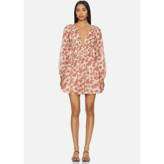 Free People Keep You Mini Dress Red Floral Print Plunging V-neckline Sz L NWT