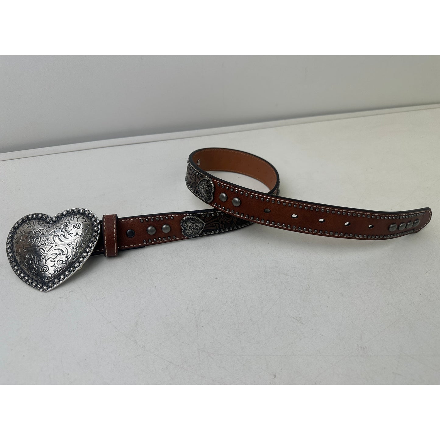 Ariat Western Brown Leather Belt W/ Silver Heart Buckle Children's Sz 24