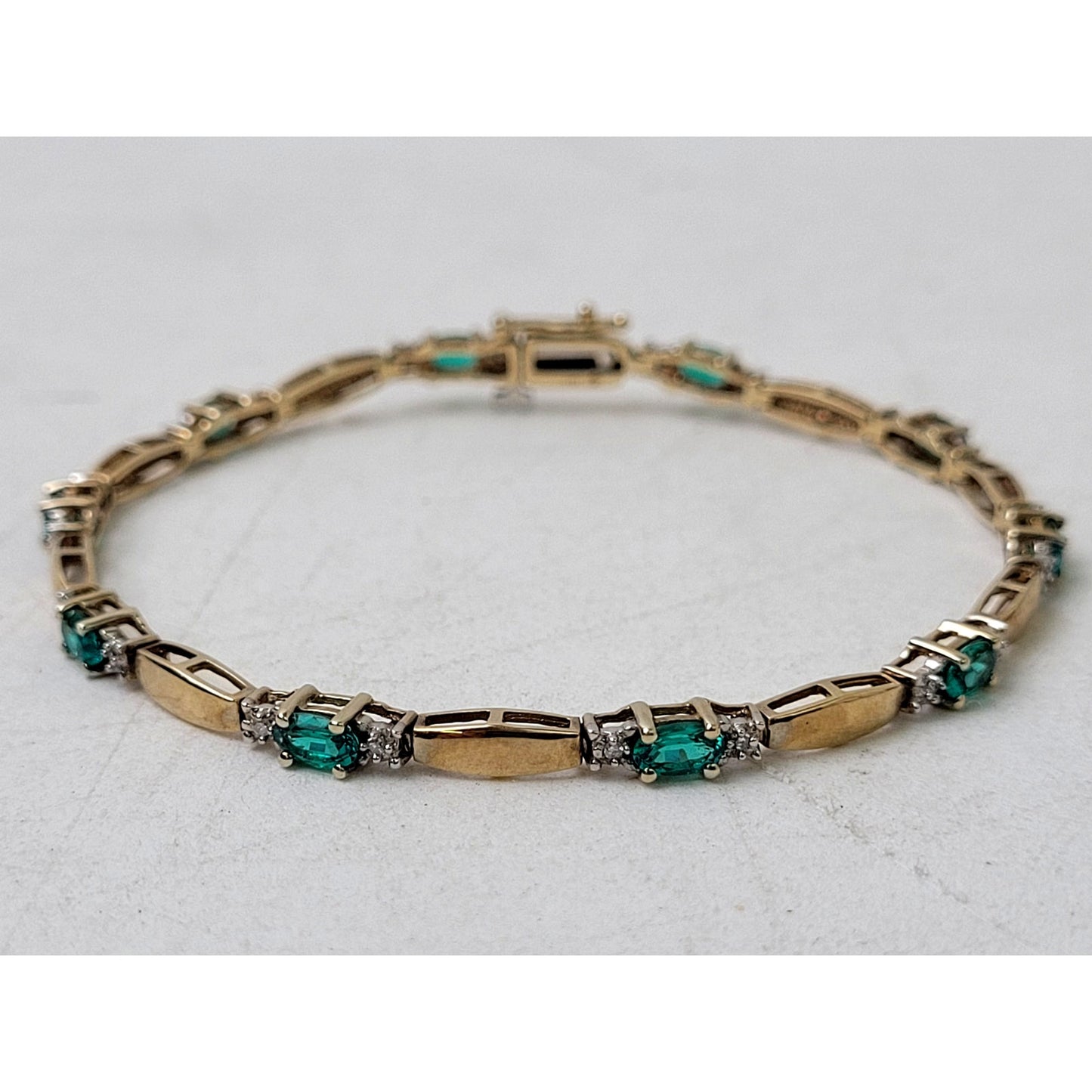 10K Yellow Gold 7" Tennis Bracelet Lab-Created Emeralds & Authentic Diamonds