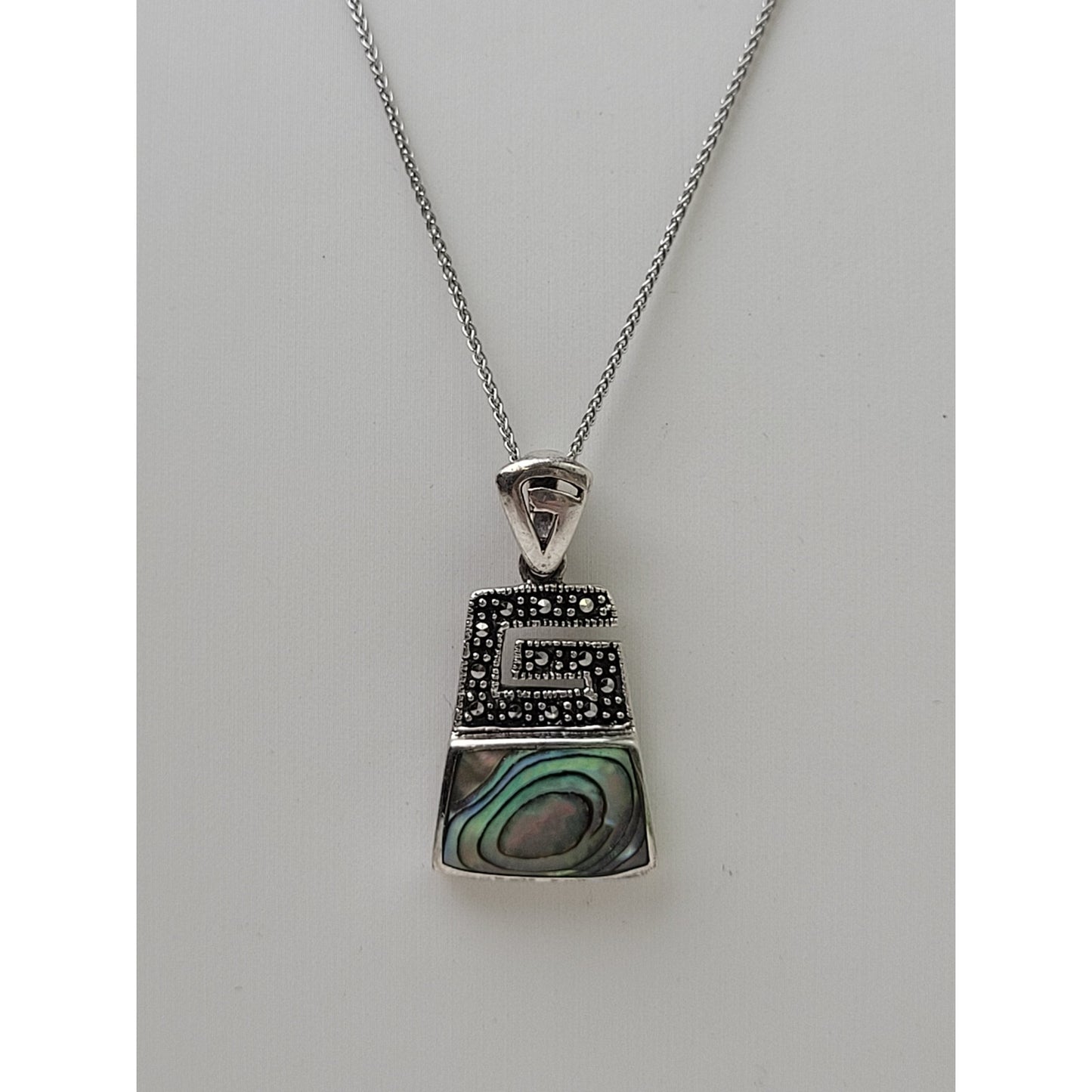 Sterling Silver Abalone Shell Black Marcasite 30mm Pendent Adjustable 925 Chain
