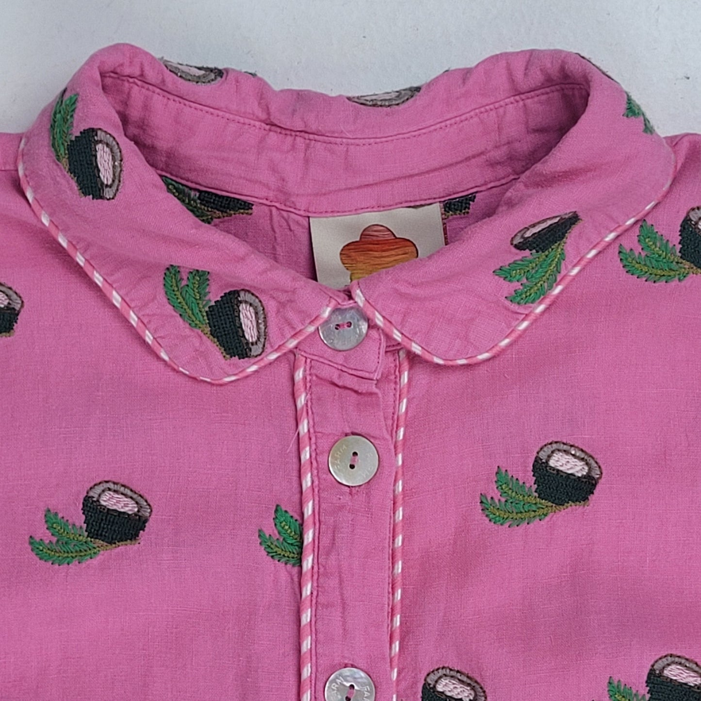 FARM Rio Cross Stitch Coconut Romper Pink Mother-of-Pearl Buttons Sz L