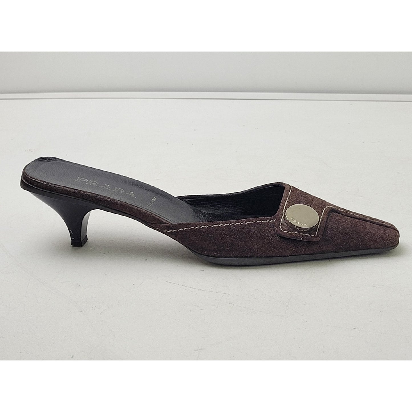 VTG PRADA Brown Suede Leather Mules Contrast Stitching Silver Hardware Sz 37.5