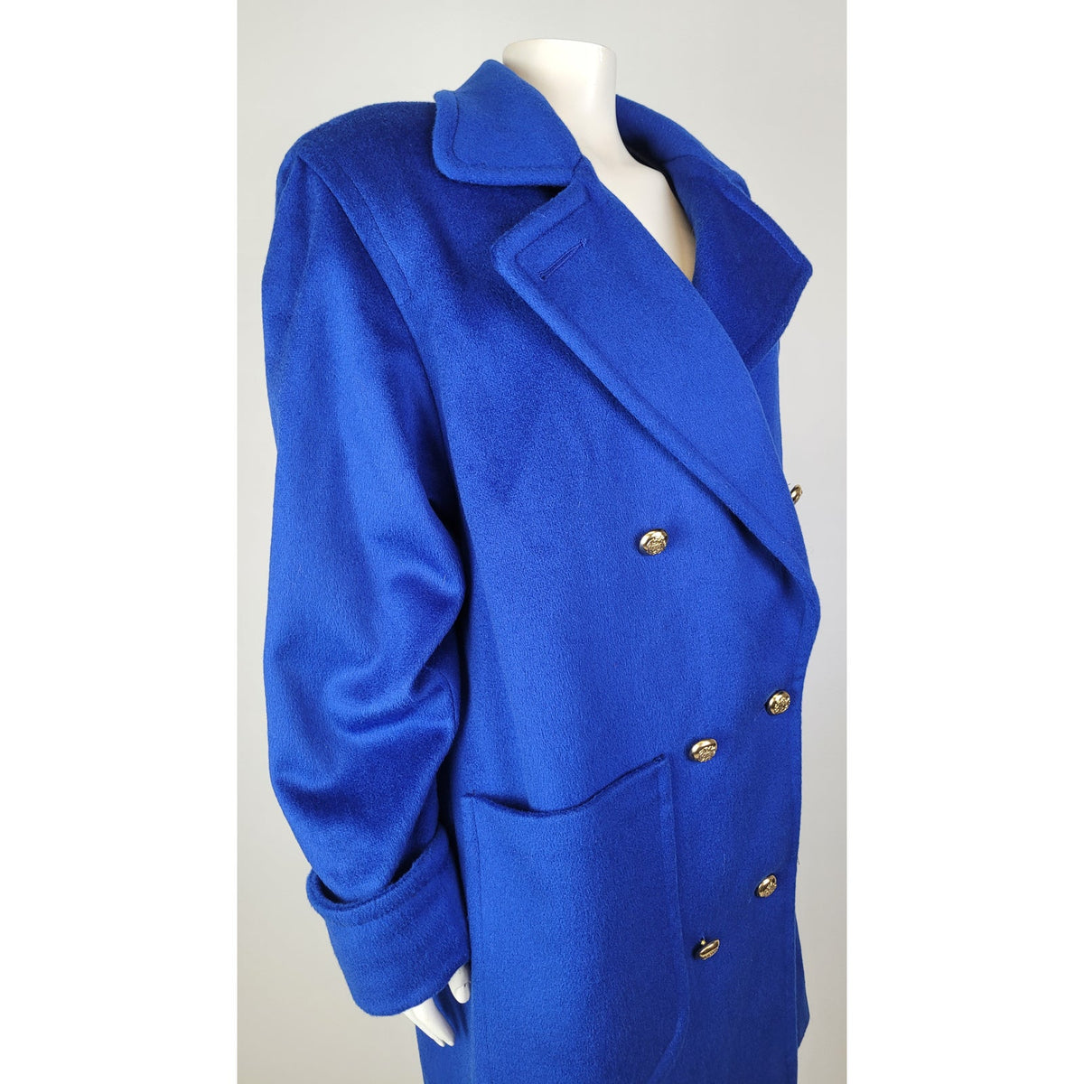 Vintage 1980s Cobalt Blue Double-Breasted Wool Overcoat Gold-Tone Buttons Sz M/L