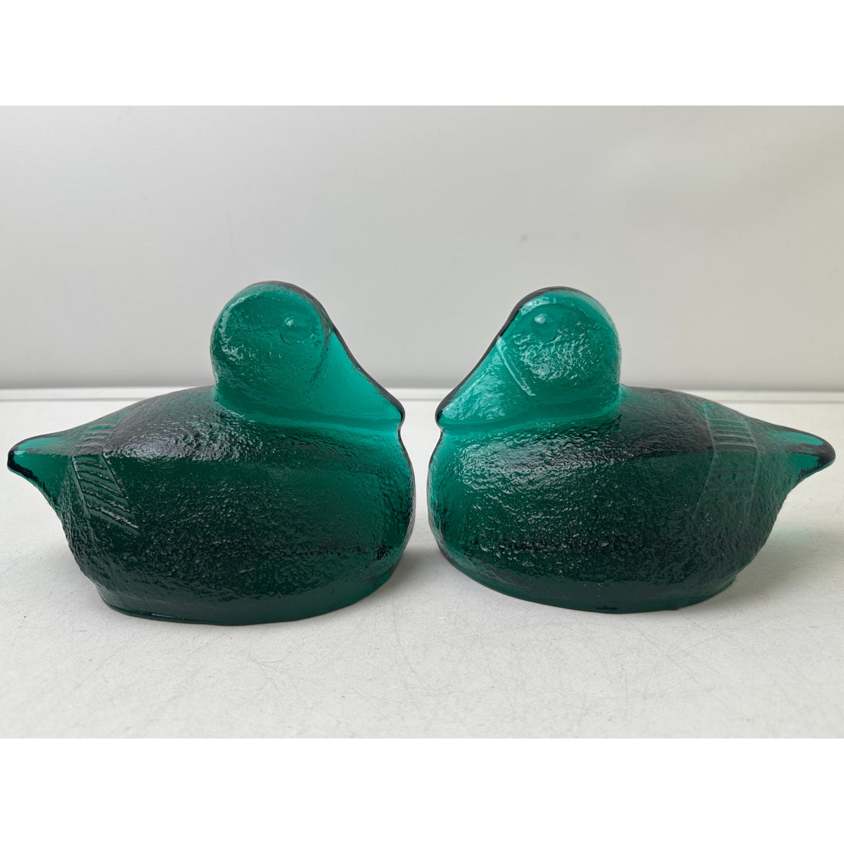 Vintage Blenko Emerald Green Textured Glass Duck Pair of Bookends
