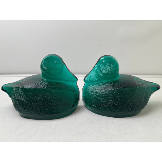 Vintage Blenko Emerald Green Textured Glass Duck Pair of Bookends