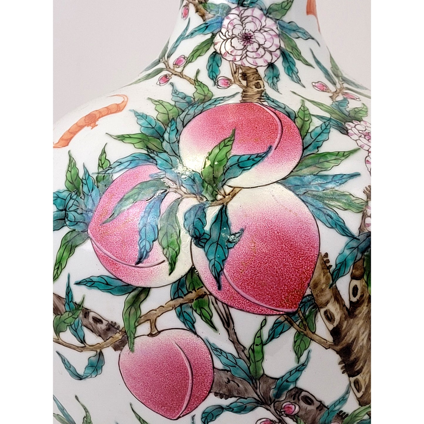 VTG Chinese Porcelain 21" Famille Rose, Peach, & Bat Vase Qianlong Mark