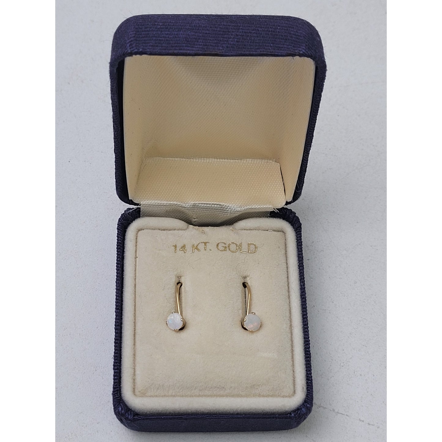 VTG 14K Yellow Gold Opal Dangle Drop Earrings in Box | 15mm Drop