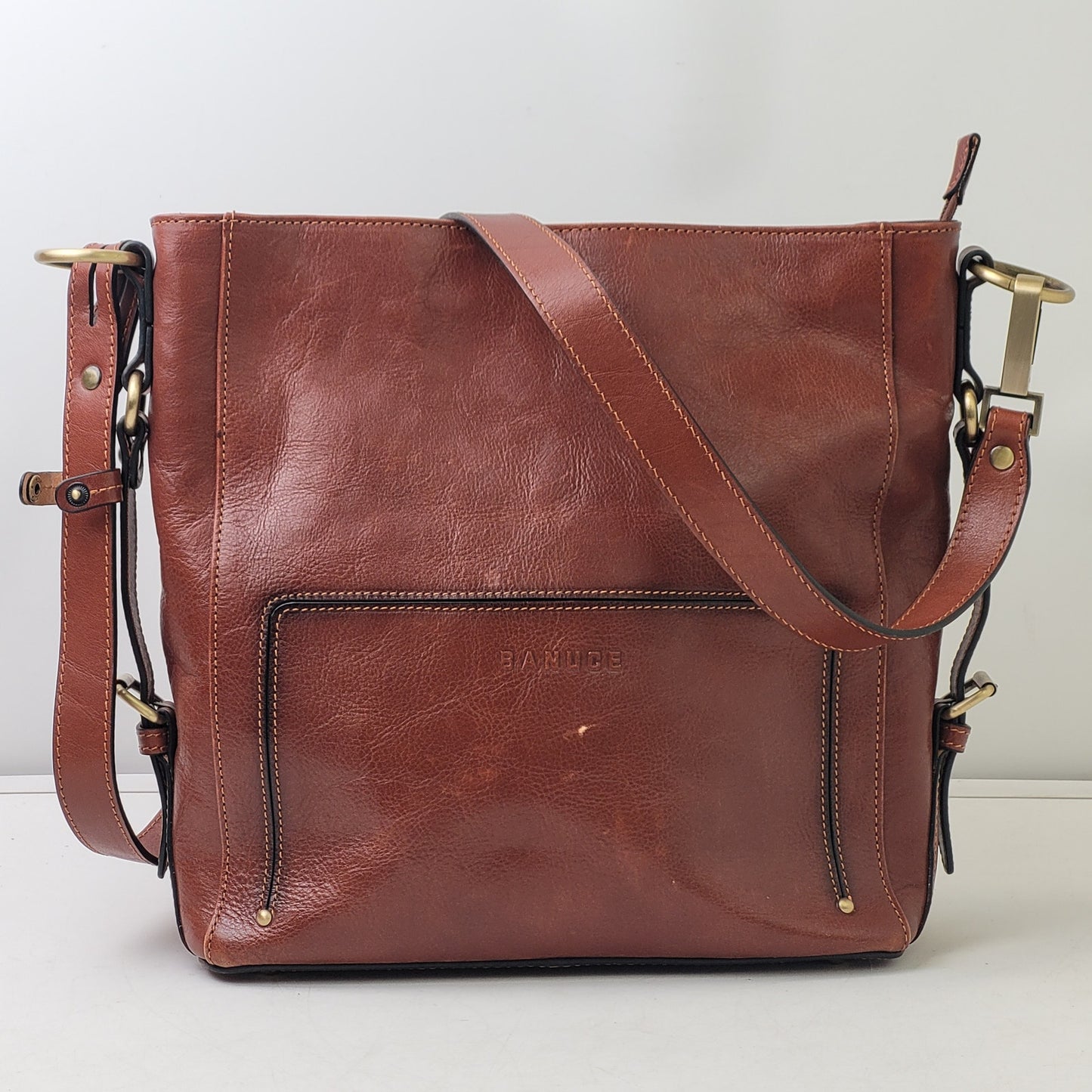 Banuce Full Grain Brown Italian Leather Hobo Bucket Bag w Brass Hardware
