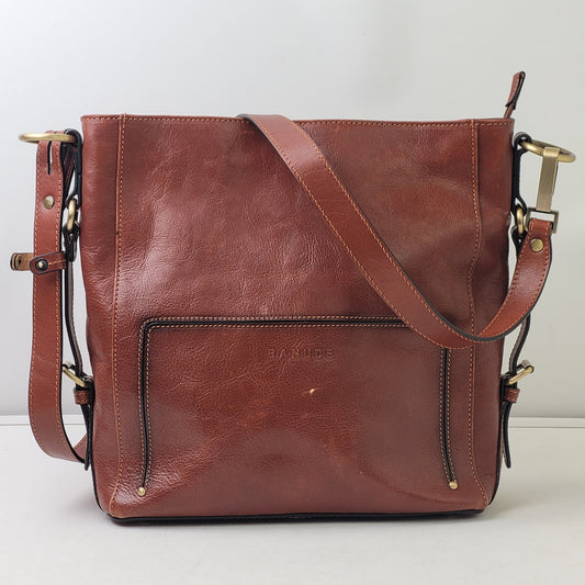 Banuce Full Grain Brown Italian Leather Hobo Bucket Bag w Brass Hardware