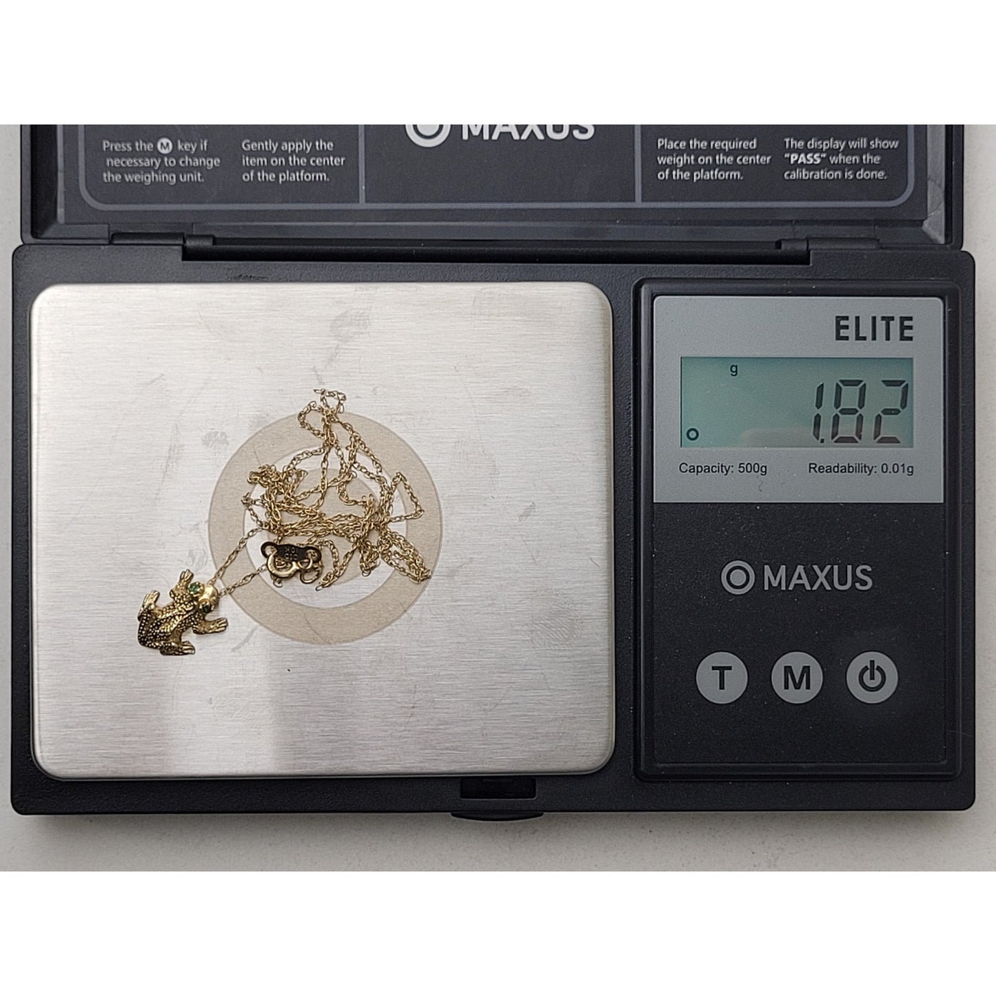 14K Yellow Gold Frog Charm w Green Stone Eyes on 10K Yellow Gold Chain