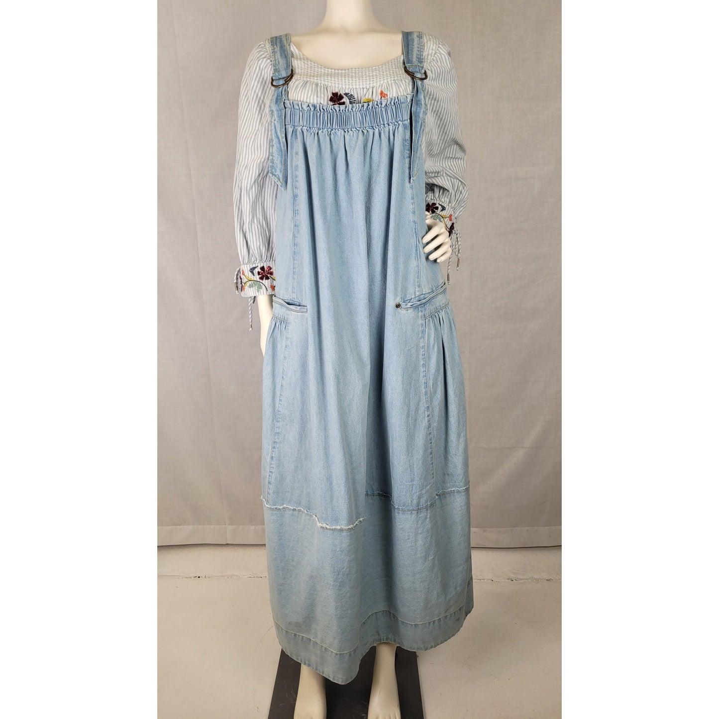 Free People Blue Denim Machu Barrel Midi Dress Jumper Women's Sz M