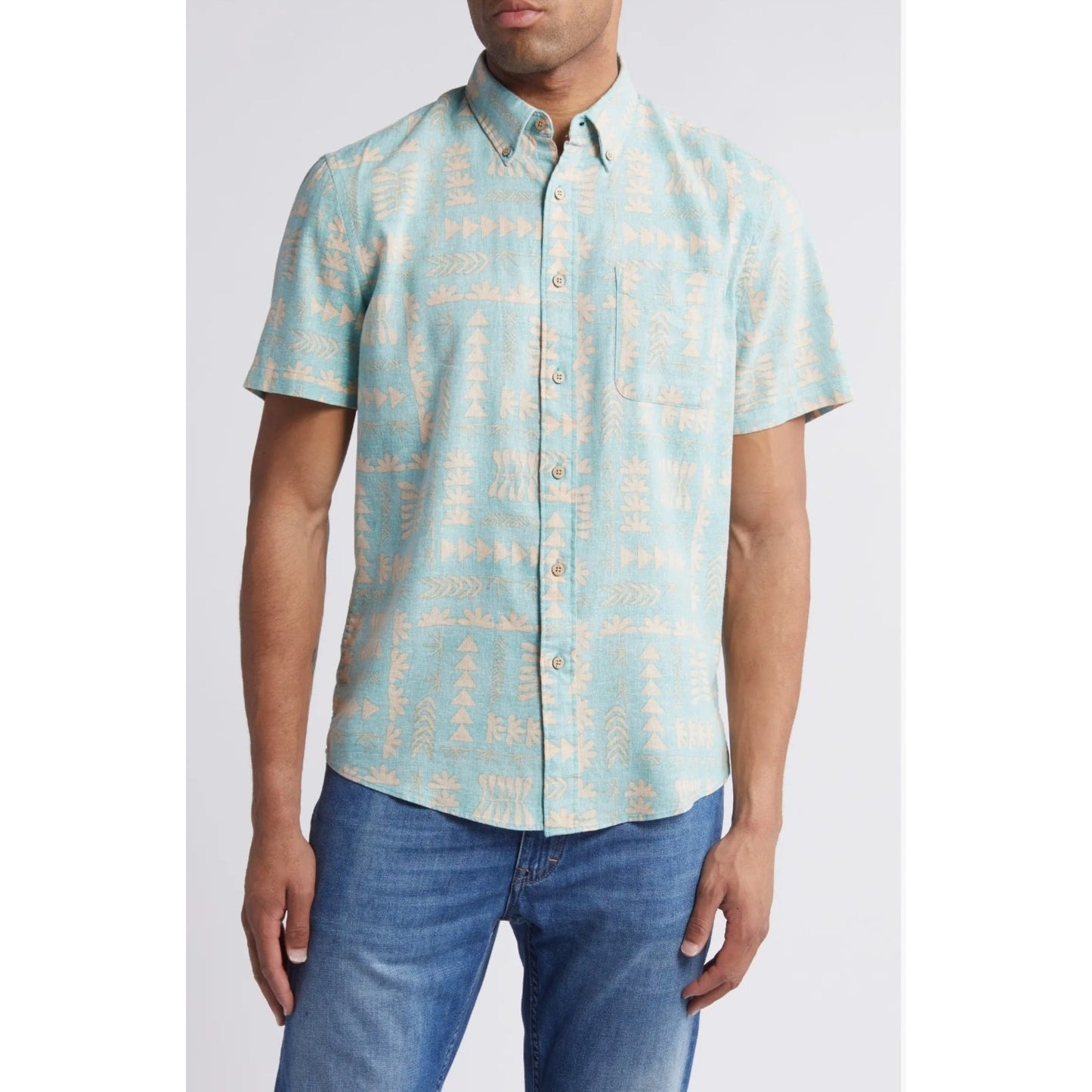 Faherty Breeze Short Sleeve Button-Down Shirt Teal Naupaka Men's Sz XXL