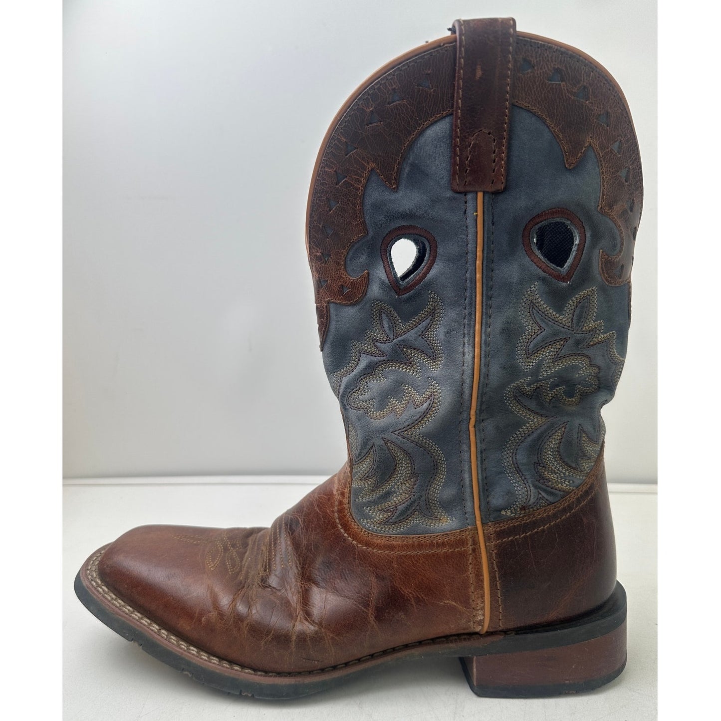 Laredo Ross Tan & Blue Broad Square Toe Western Boots Men's Sz 10.5