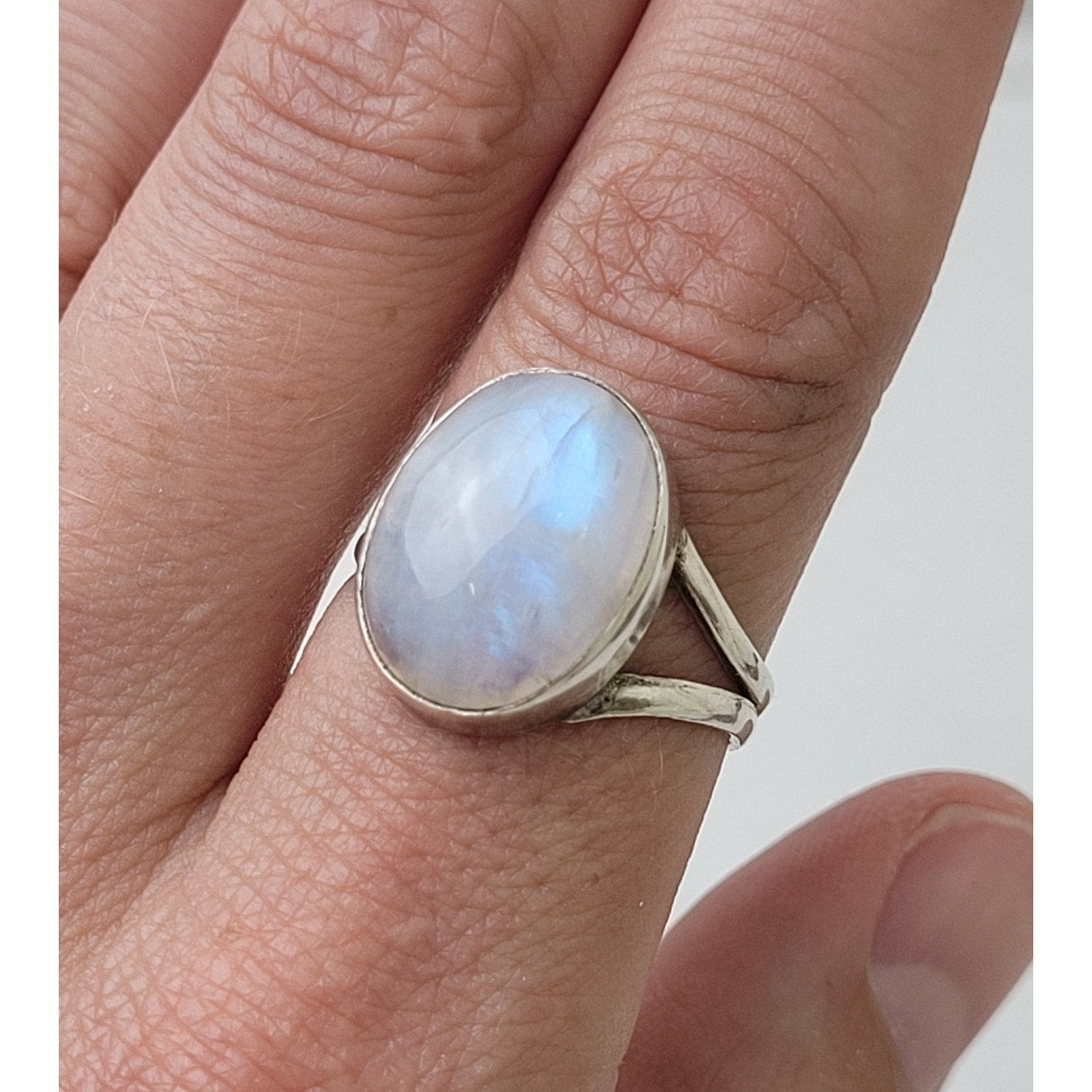 Sterling Silver Rainbow Moonstone Ring Split Shank Design Boho Statement Piece