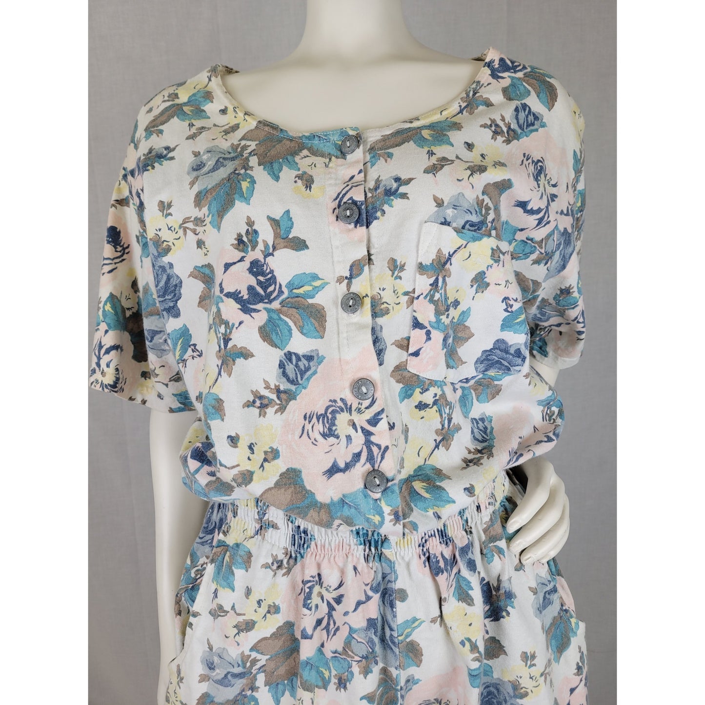 1990s Action Gear Pastel Flower Print Cotton Jersey Romper Women's Sz M/L