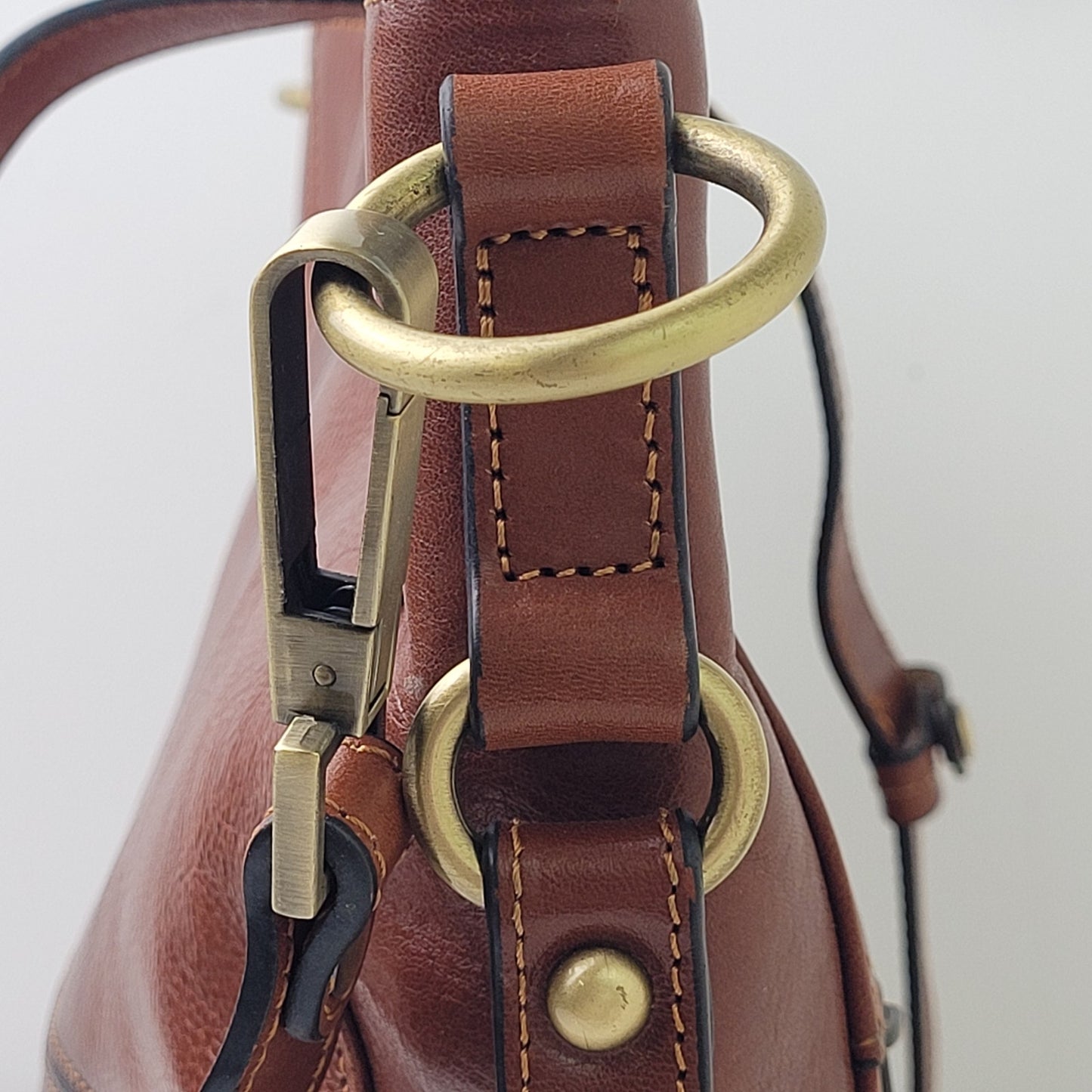 Banuce Full Grain Brown Italian Leather Hobo Bucket Bag w Brass Hardware