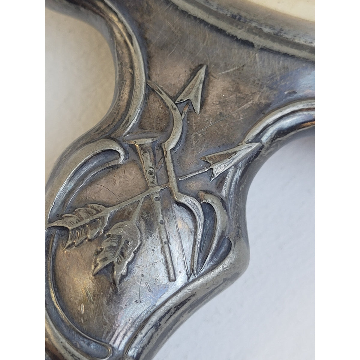 Antique Art Nouveau Silver-Plated Hand-Held Vanity Mirror Cupid & Arrow Design