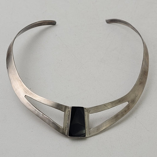Vintage Heavy Sterling Silver & Onyx Collar Necklace | Made in Mexico | 44 grams