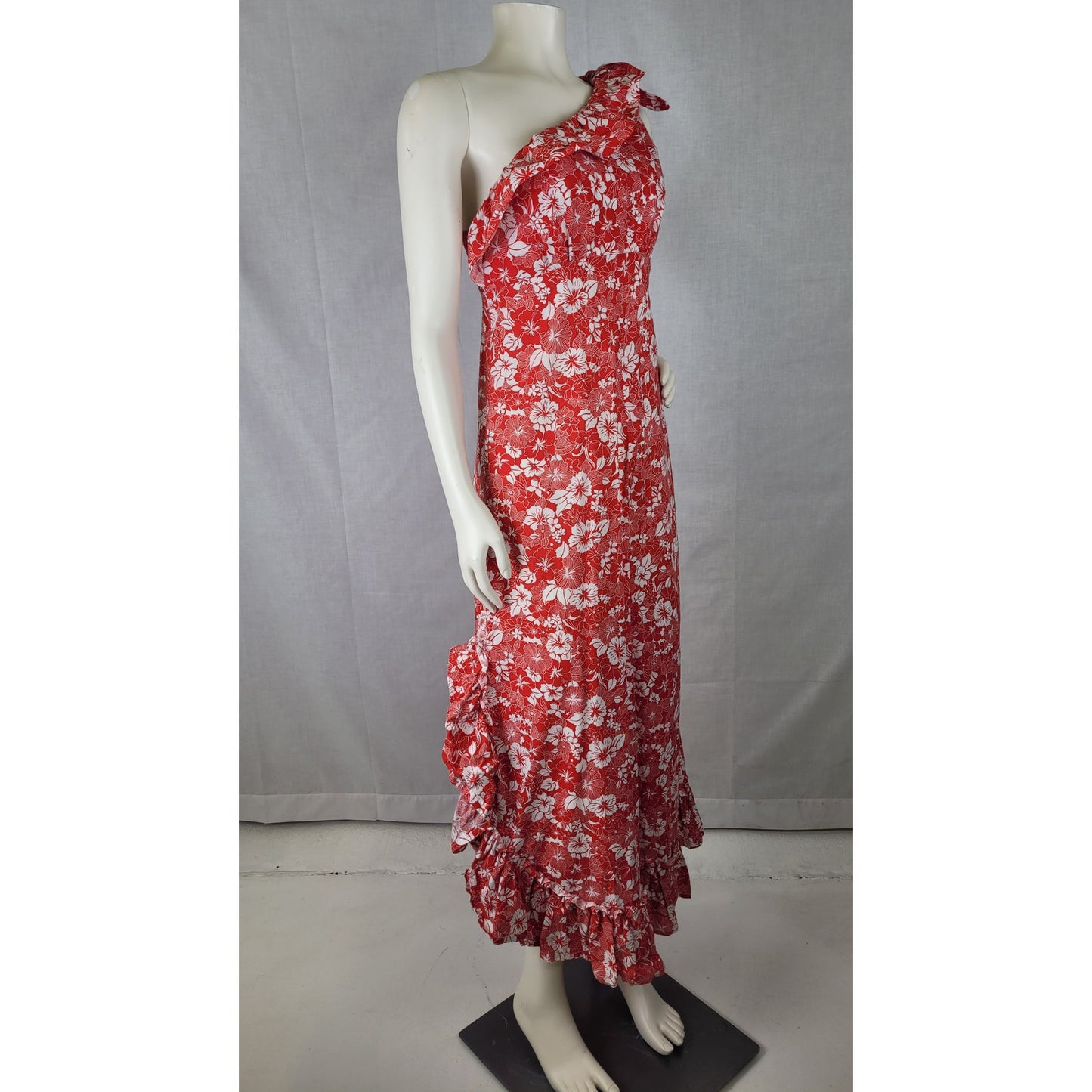Vintage 1960s/70s Handmade One-Shoulder Hawaiian Dress Side Slit Sz S/M