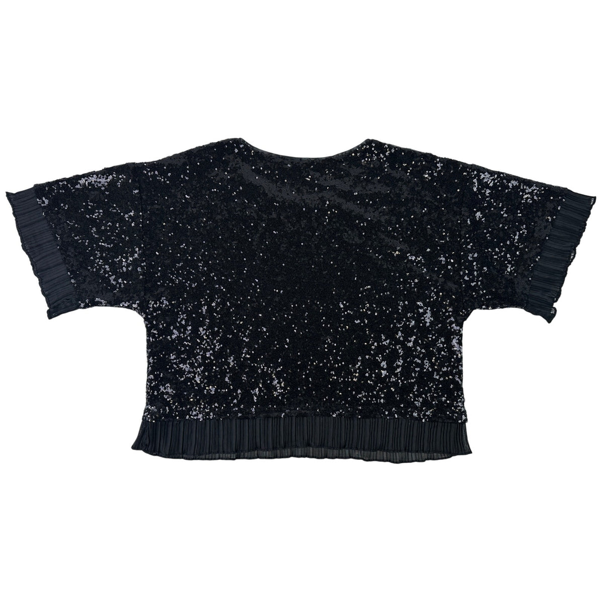 Anthropologie Black Sequined Short Sleeve Top with Pleated Trim Women's Sz XL