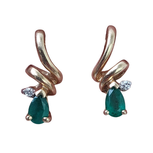 VTG 10K Yellow Gold Natural Emerald Diamond Post Drop Earrings | 1.9 Grams