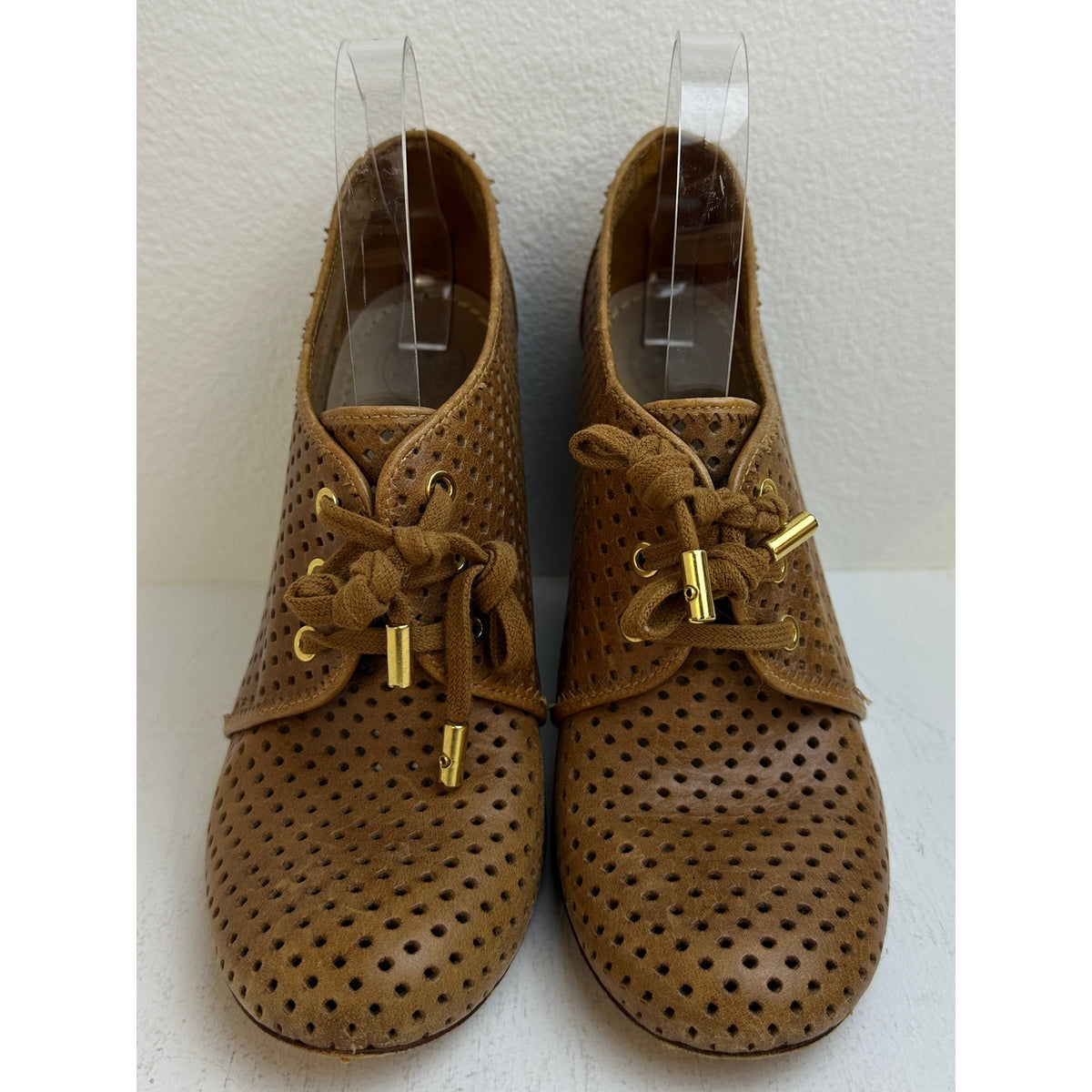 Tory Burch Camel Perforated Leather Victor Lace-Up Wedge Booties Women's Sz 9