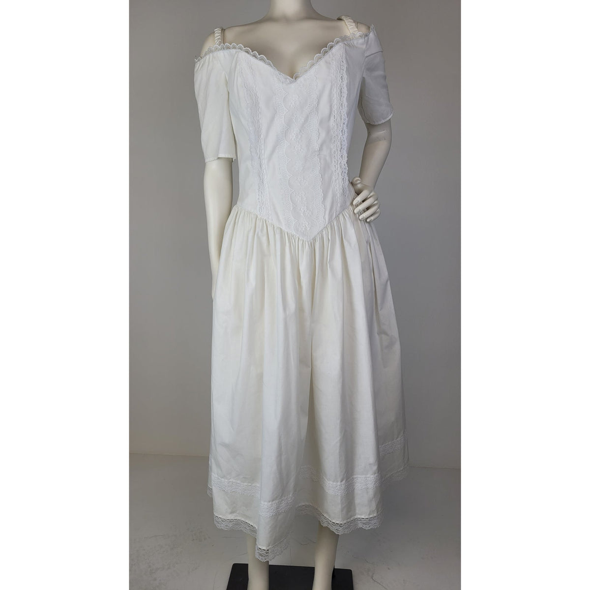 Vintage 1980s Gunne Sax White Off-the-Shoulder Bridal Midi Dress Sz M