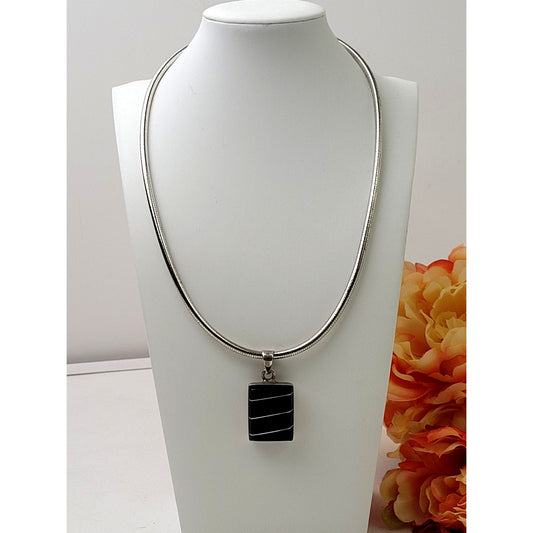 Sterling Silver Thick Chain Made in Italy w SS Black Onyx Pendent Made in Mexico