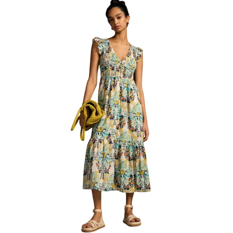 Anthropologie The Peregrine Midi Dress Floral Print Smocked Bodice Sz L
