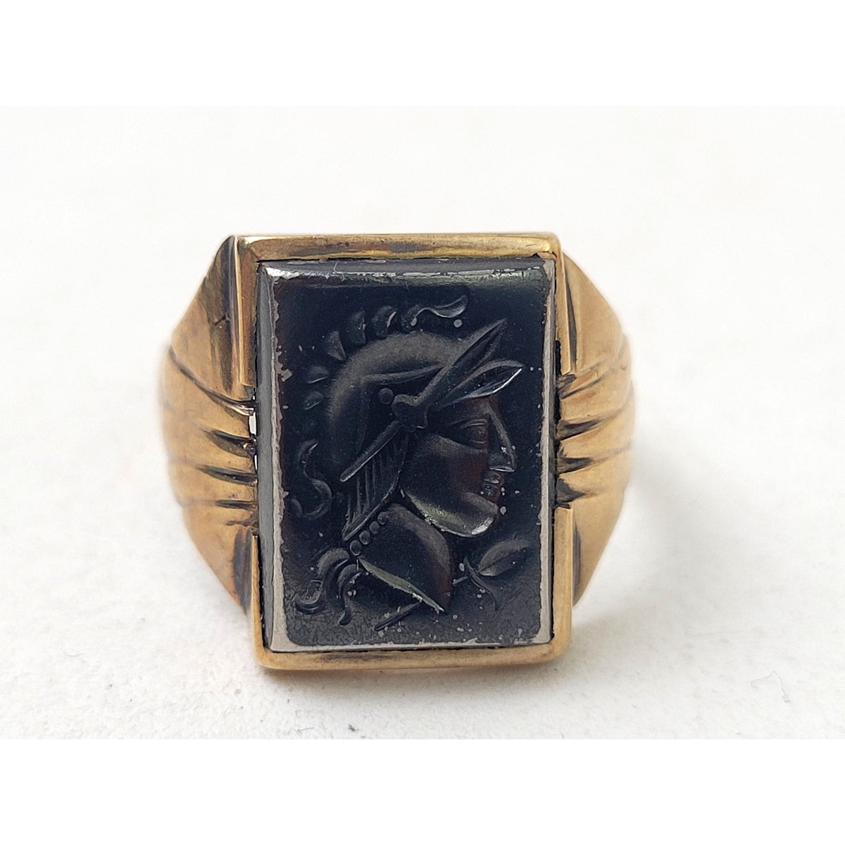 Vintage 9K Yellow Gold Men's Signet Ring Hematite Stone Soldier Sz 9 | 5.83 g