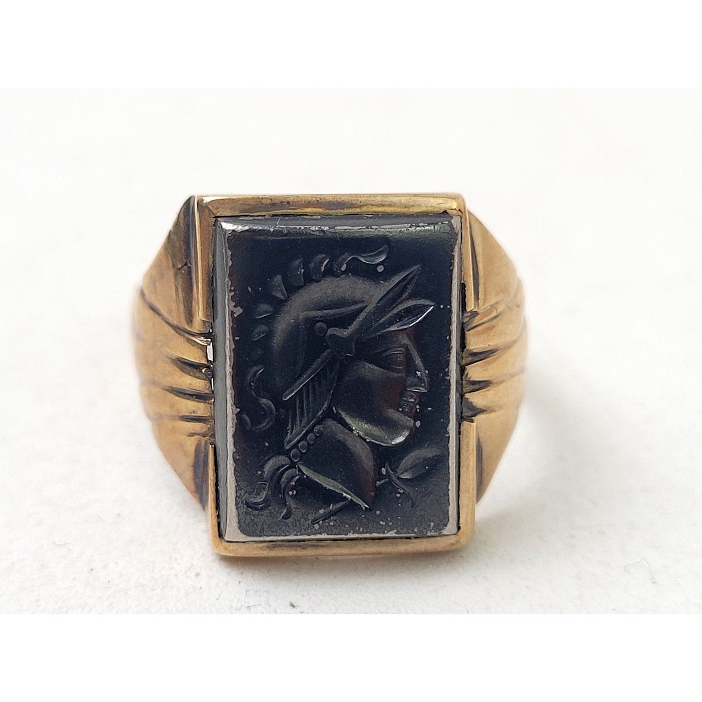 Vintage 9K Yellow Gold Men's Signet Ring Hematite Stone Soldier Sz 9 | 5.83 g