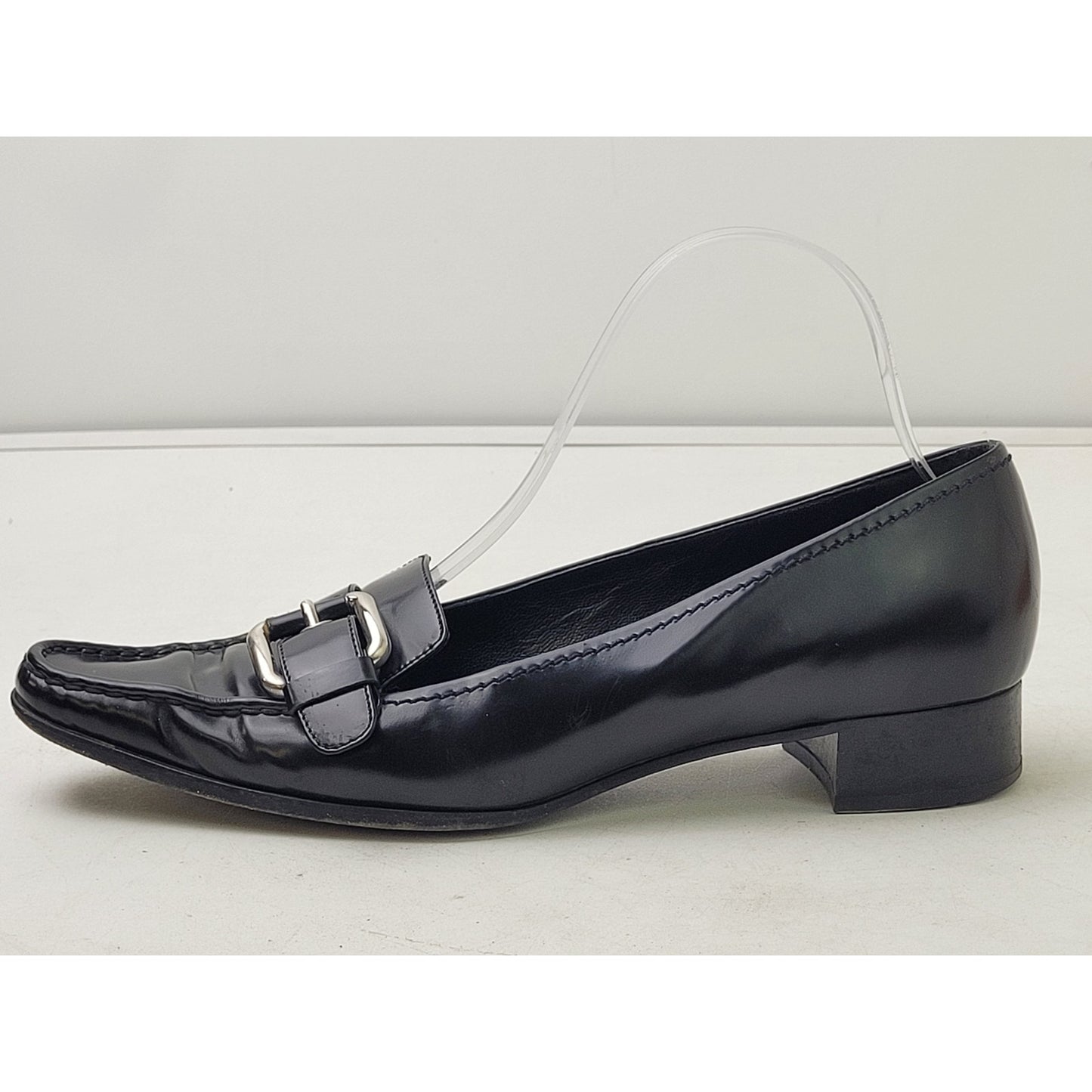 Vintage PRADA Black Leather Loafers Silver Buckle Women's Sz EU 38 1/2 / US 8