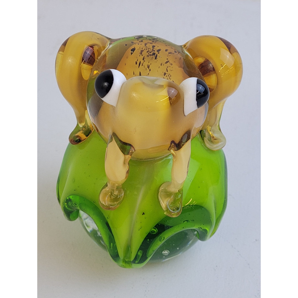 Vintage MCM Murano-Style Art Glass Frog on Lily Pad Green & Yellow