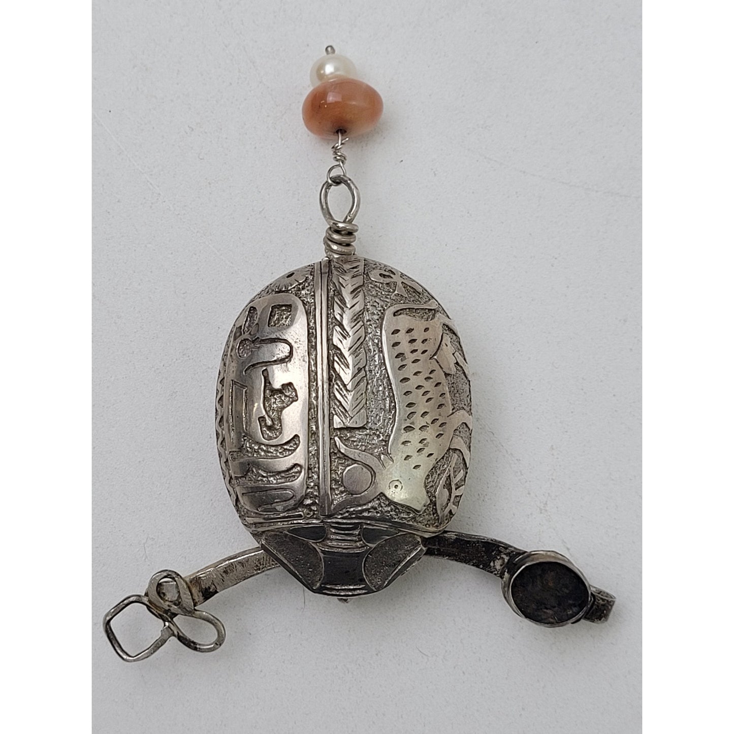 Antique/Vintage Sterling Silver Scarab Beetle Carved Hieroglyphics 77.85g