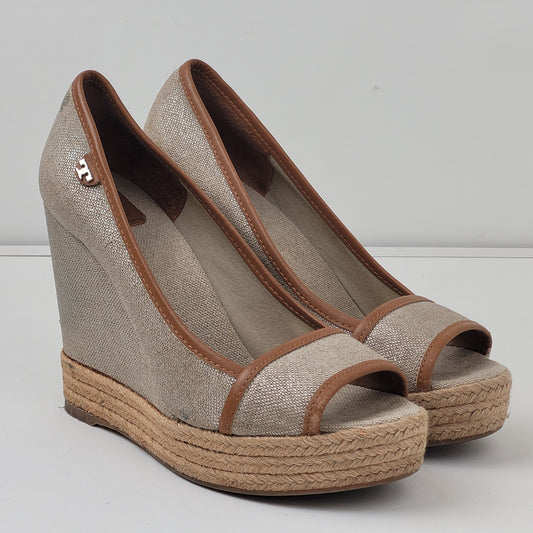 Tory Burch Women's Tan Shimmer Canvas Wedge Shoes Size 39/8.5