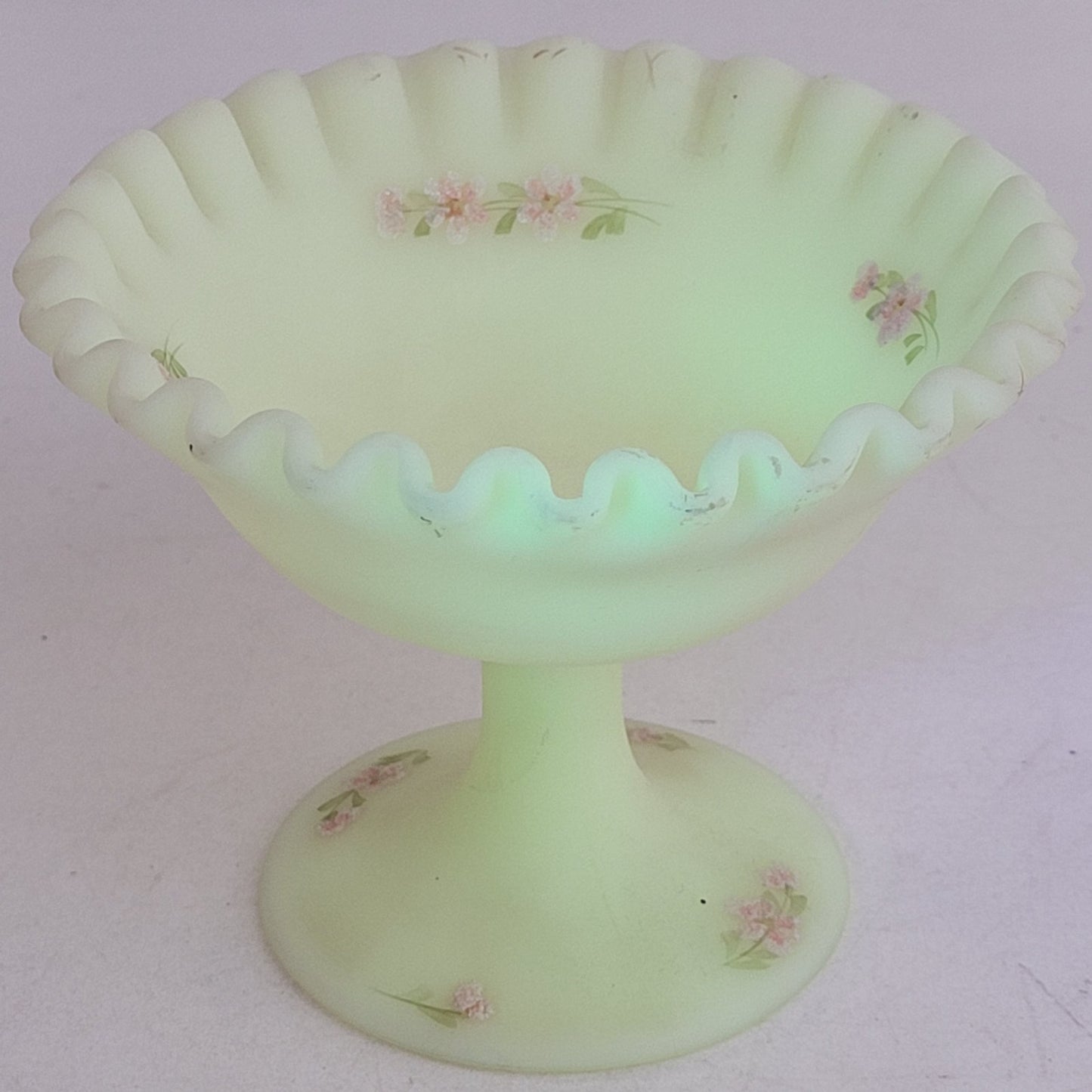 Vintage 1970s Fenton Custard Satin Small Compote Hand-Painted Artist Signed