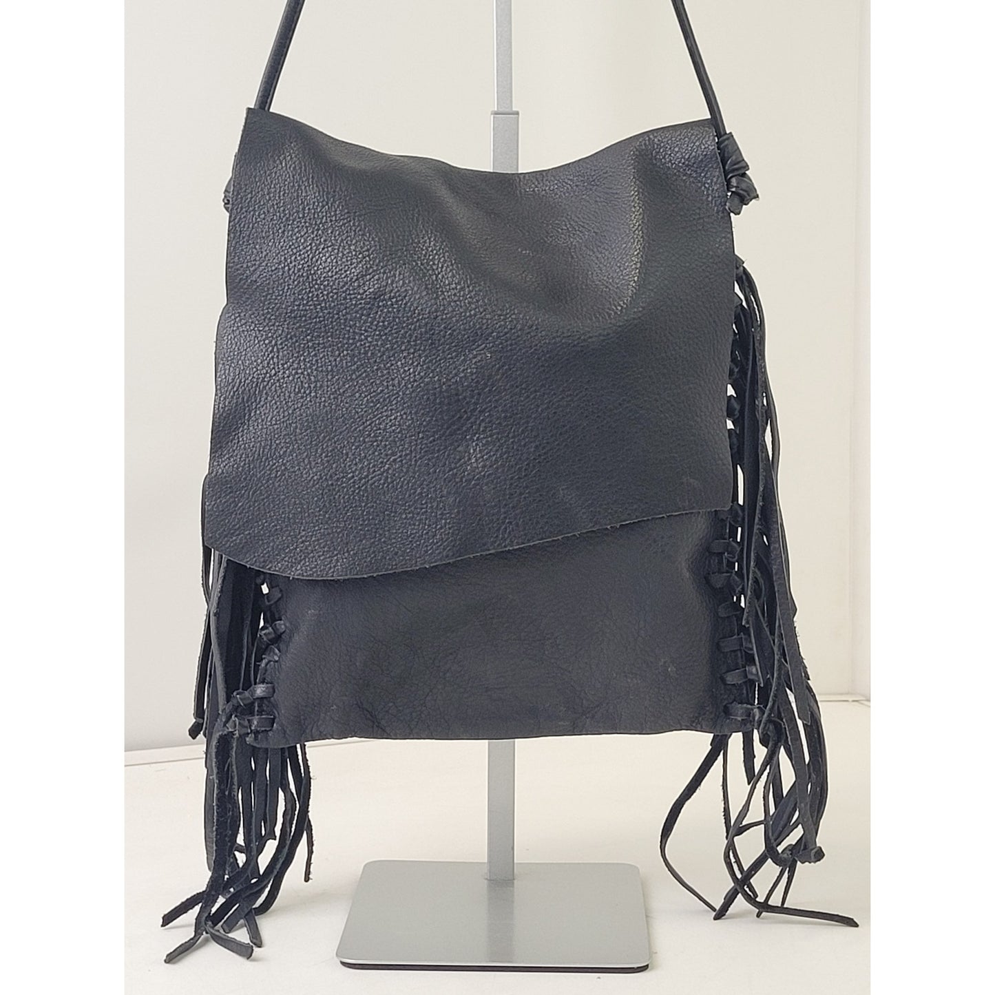 Hobo Black Leather Fringe Foldover Crossbody Purse Boho Western Style