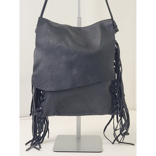 Hobo Black Leather Fringe Foldover Crossbody Purse Boho Western Style