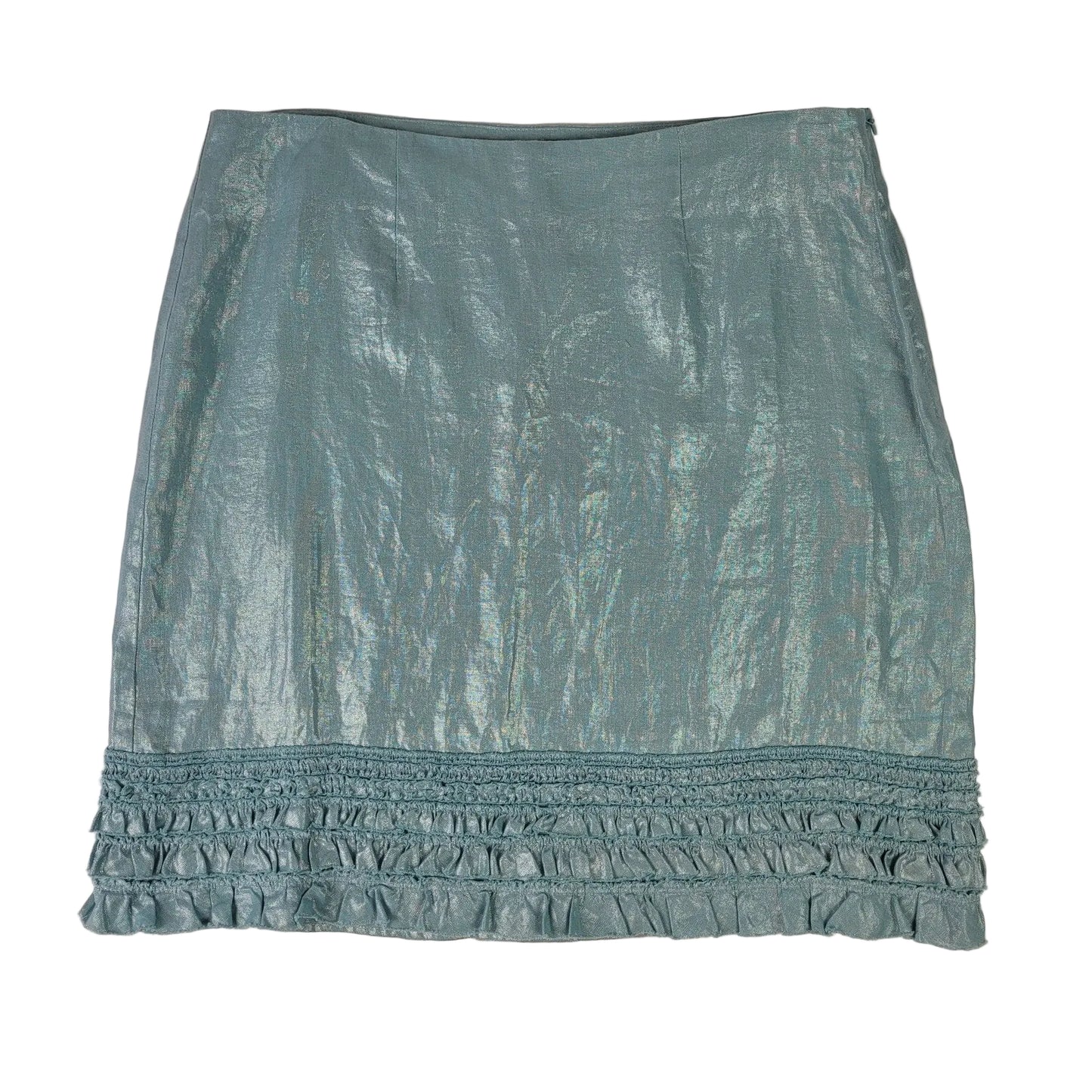 Tommy Bahama 100% Linen Shimmery Blue Mini Skirt w Ruffled Hem Detail Sz 10