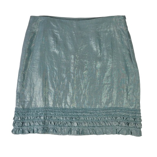 Tommy Bahama 100% Linen Shimmery Blue Mini Skirt w Ruffled Hem Detail Sz 10